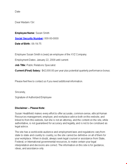 proof of employment letter for susan | template for employee verification template