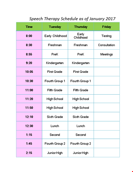 speech therapy schedule template for school groups and grades template