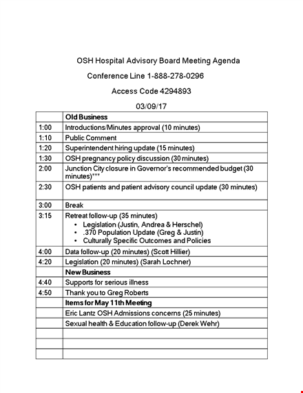 hospital advisory board agenda: sample minutes | advisory follow-up & updates template