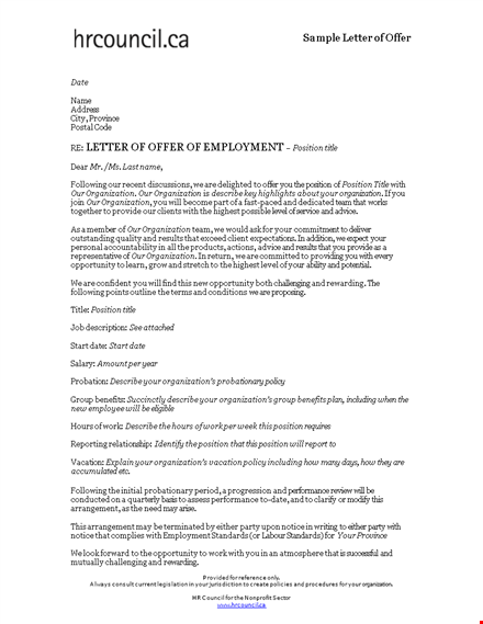 formal offer of employment letter template