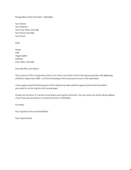 simple relocation resignation letter free pdf download template