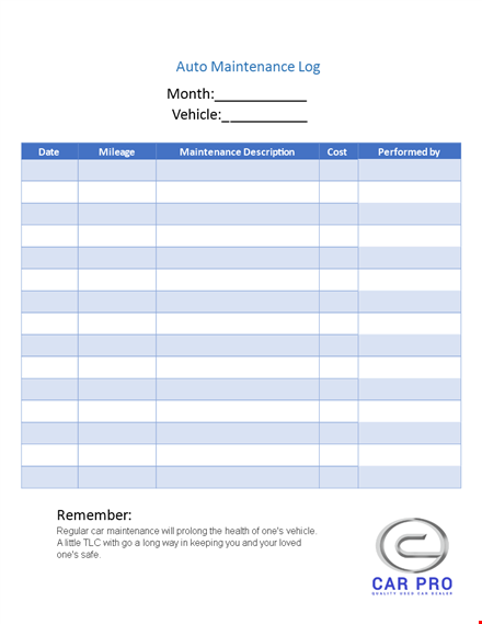 vehicle maintenance log template | track monthly maintenance template