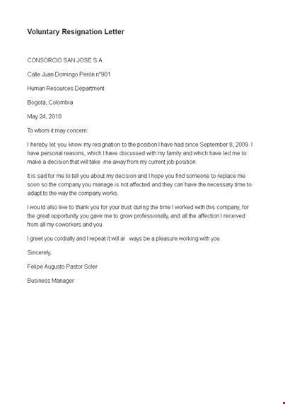 examples of voluntary resignation letter template