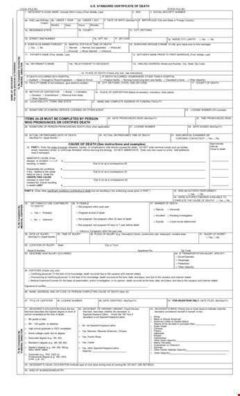 modern death certificate sample | cause of death, injury, and decedent information template