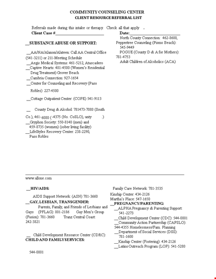 referral list for client - health center, county counseling template