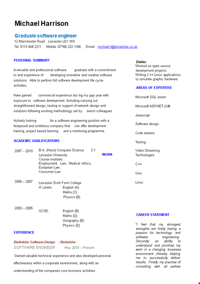 sample graduate software engineer resume | personal experience and design template