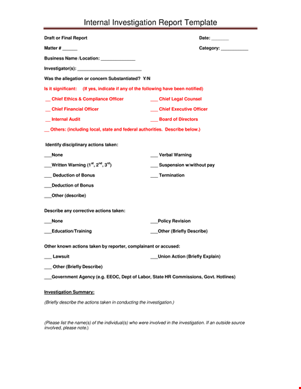 actions taken to describe internal investigation report template