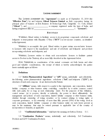 license agreement template - clear and comprehensive document for product licensing | gilead template
