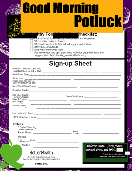 potluck sign up sheet - offer foods and fruits for sharing template