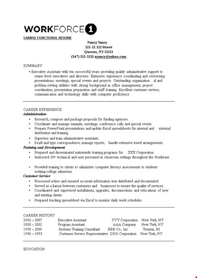 executive resume template - functional assistant | customer training template