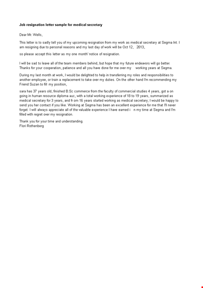 medical secretary resignation letter template