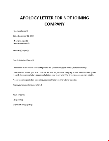 apology letter for not joining company after accepting offer template