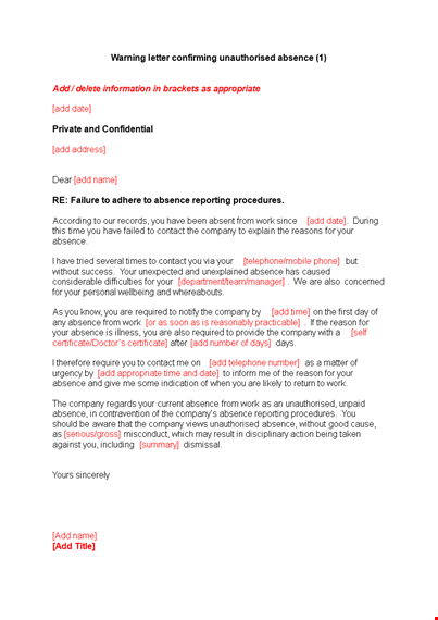 unauthorised absence - employee warning letter | company template