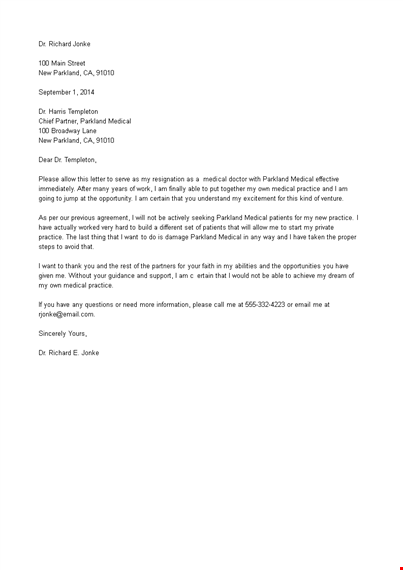 medical doctor resignation letter template