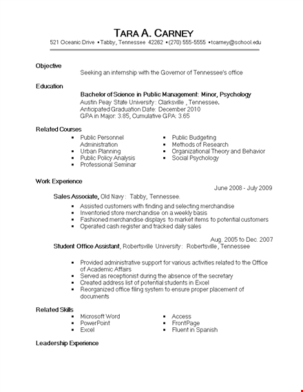 sample internship resume template