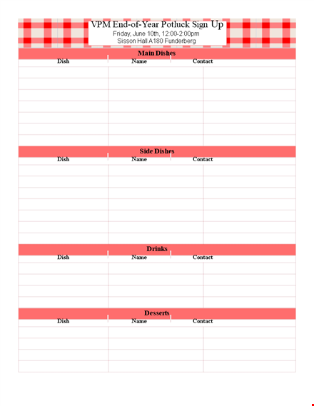 organize your potluck with our sign up sheet - contact and dish list included template