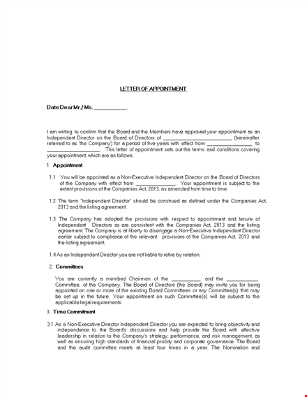 appointment letter for independent director template