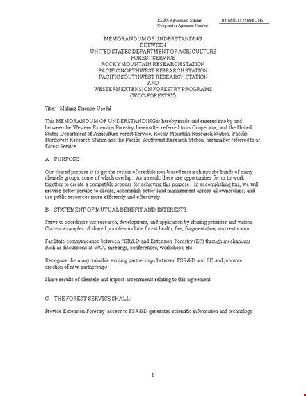 memorandum of understanding template for forest research and cooperator services template
