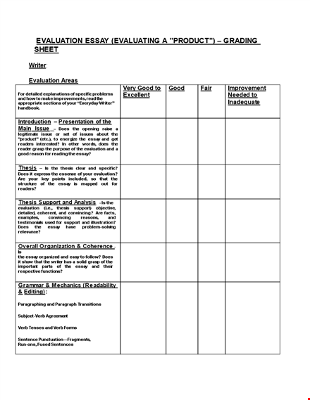evaluation essay grading sheet template
