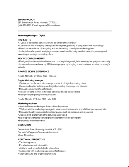 digital marketing manager resume template