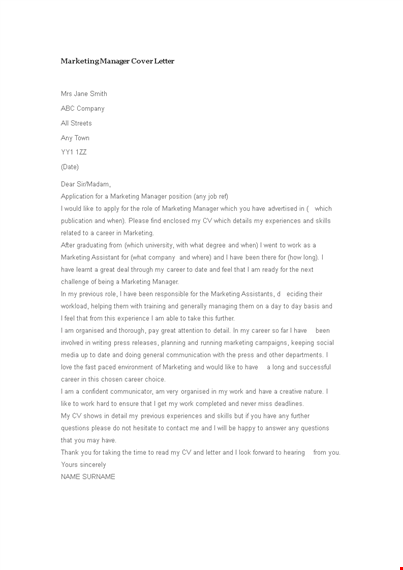 marketing manager cover letter template