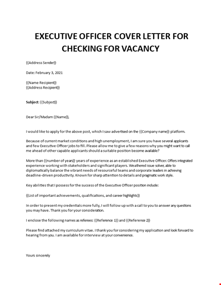 executive officer sample cover letter for checking for vacancy template