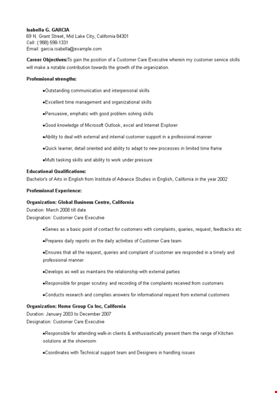 customer care executive resume sample template