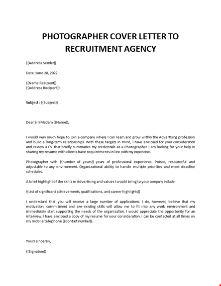 advertising photographer cover letter template