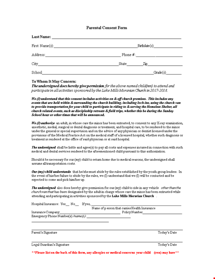 medical, church, and child concerns parental consent form template template