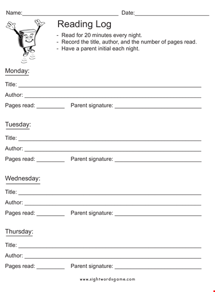 track your reading habits with our reading log template | author, title, parent, pages template