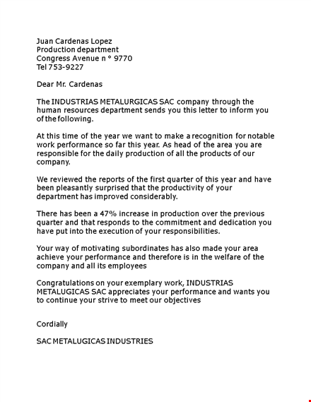 recognition letter for production department | company name template