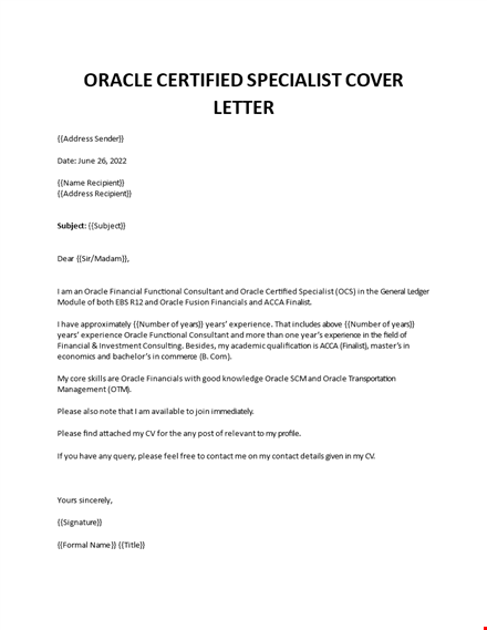 oracle specialist cover letter template