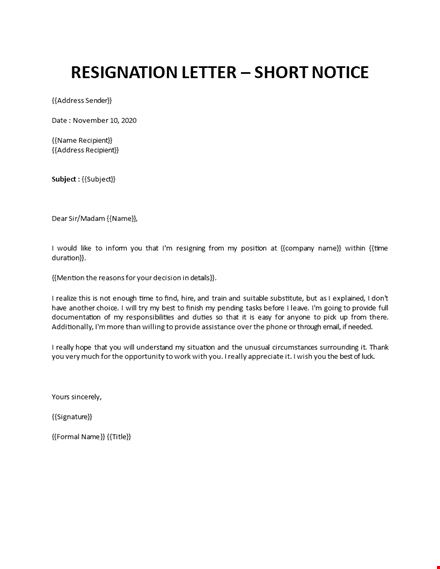 resignation letter short notice template