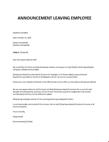 announcement of leaving employee template