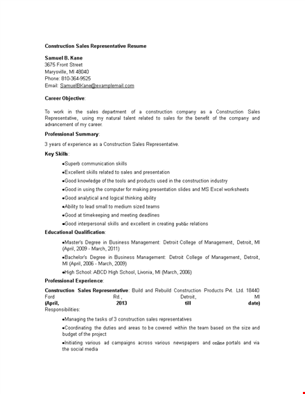 sales representative resume: experienced in construction sales & representation, various products template