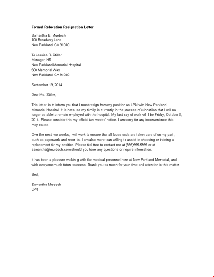 formal relocation resignation letter template
