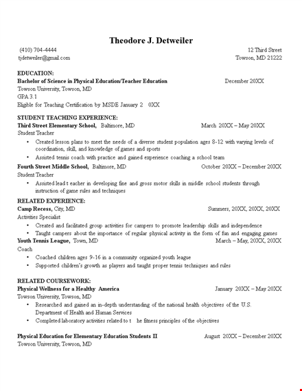 physical education teacher resume - school education, physical expertise | towson template