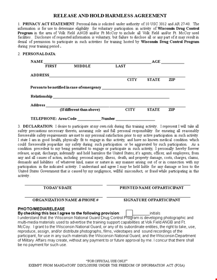protect yourself with our hold harmless agreement template for personal activities in wisconsin template