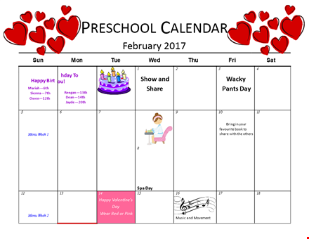 preschool birthday calendar template | share with parents template