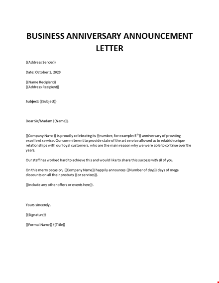 business anniversary announcement letter template