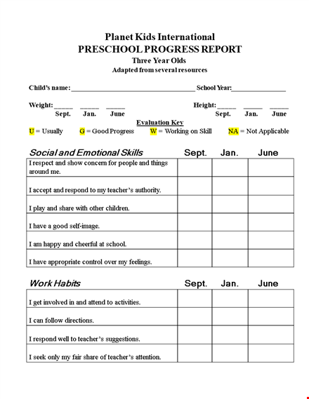 preschool progress report form template