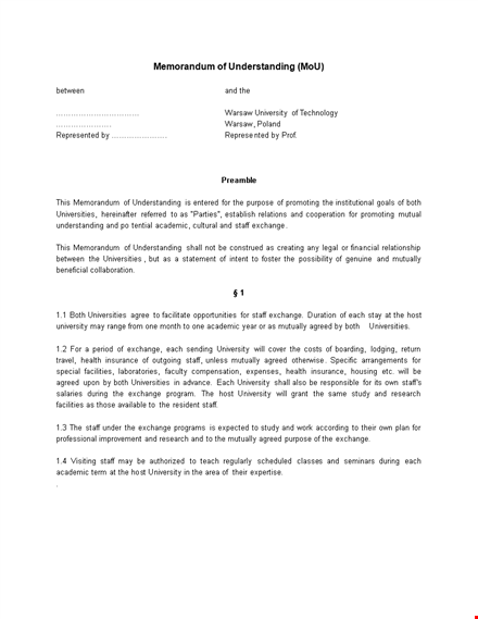 agreed memorandum of understanding template for university exchange template