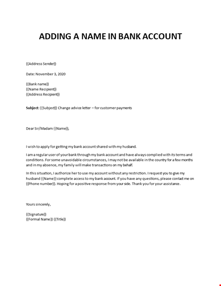 add name bank account request template