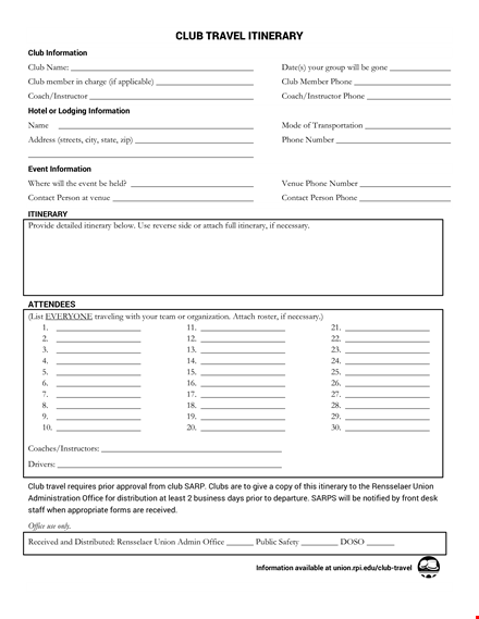 club itinerary template