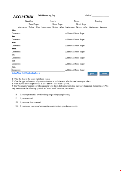 self monitoring blood sugar log template