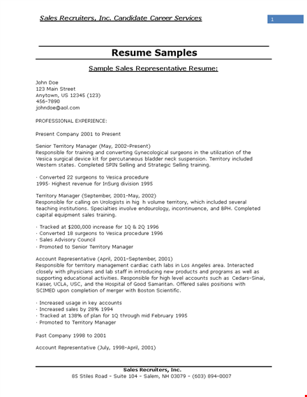 responsible sales representative present in anytown | sample resume template