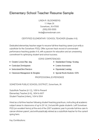 sample elementary teacher resume template