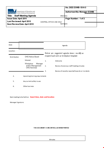 staff meeting agenda example template