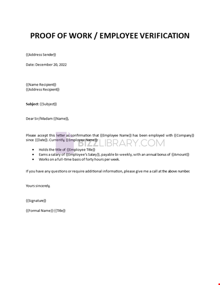 employee verification letter template template