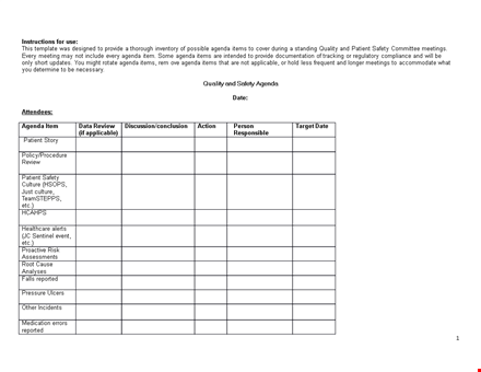 quality and safety agenda template